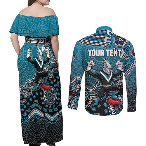 Personalized Port Adelaide Power Mascot Couples Matching Off Shoulder Maxi Dress and Long Sleeve Button Shirt Aboriginal Dot Art Style Vibrant Indigenous Pattern Design