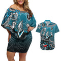 Personalized Port Adelaide Power Mascot Couples Matching Off Shoulder Short Dress and Hawaiian Shirt Aboriginal Dot Art Style Vibrant Indigenous Pattern Design