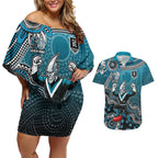 Personalized Port Adelaide Power Mascot Couples Matching Off Shoulder Short Dress and Hawaiian Shirt Aboriginal Dot Art Style Vibrant Indigenous Pattern Design