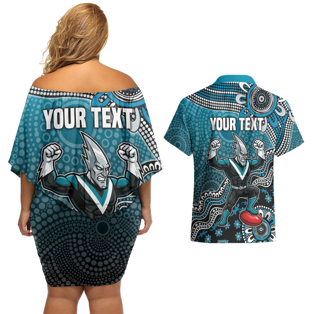 Personalized Port Adelaide Power Mascot Couples Matching Off Shoulder Short Dress and Hawaiian Shirt Aboriginal Dot Art Style Vibrant Indigenous Pattern Design