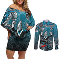 Personalized Port Adelaide Power Mascot Couples Matching Off Shoulder Short Dress and Long Sleeve Button Shirt Aboriginal Dot Art Style Vibrant Indigenous Pattern Design