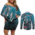 Personalized Port Adelaide Power Mascot Couples Matching Off Shoulder Short Dress and Long Sleeve Button Shirt Aboriginal Dot Art Style Vibrant Indigenous Pattern Design