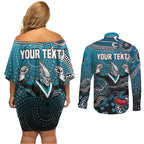 Personalized Port Adelaide Power Mascot Couples Matching Off Shoulder Short Dress and Long Sleeve Button Shirt Aboriginal Dot Art Style Vibrant Indigenous Pattern Design