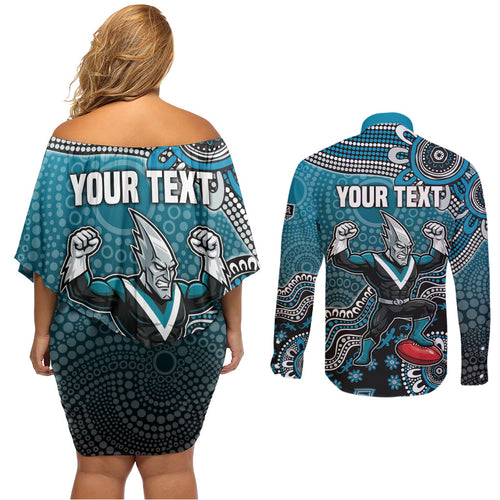 Personalized Port Adelaide Power Mascot Couples Matching Off Shoulder Short Dress and Long Sleeve Button Shirt Aboriginal Dot Art Style Vibrant Indigenous Pattern Design