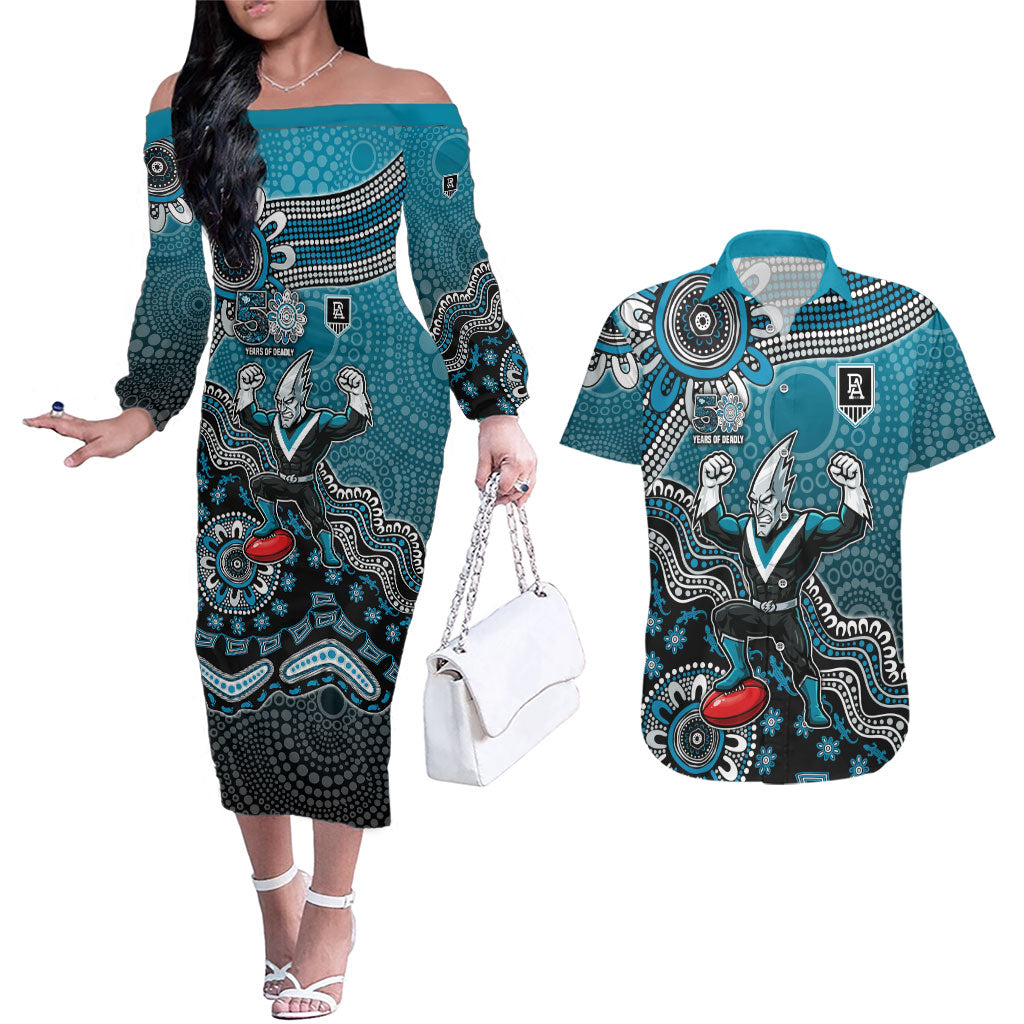 Personalized Port Adelaide Power Mascot Couples Matching Off The Shoulder Long Sleeve Dress and Hawaiian Shirt Aboriginal Dot Art Style Vibrant Indigenous Pattern Design