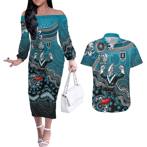 Personalized Port Adelaide Power Mascot Couples Matching Off The Shoulder Long Sleeve Dress and Hawaiian Shirt Aboriginal Dot Art Style Vibrant Indigenous Pattern Design