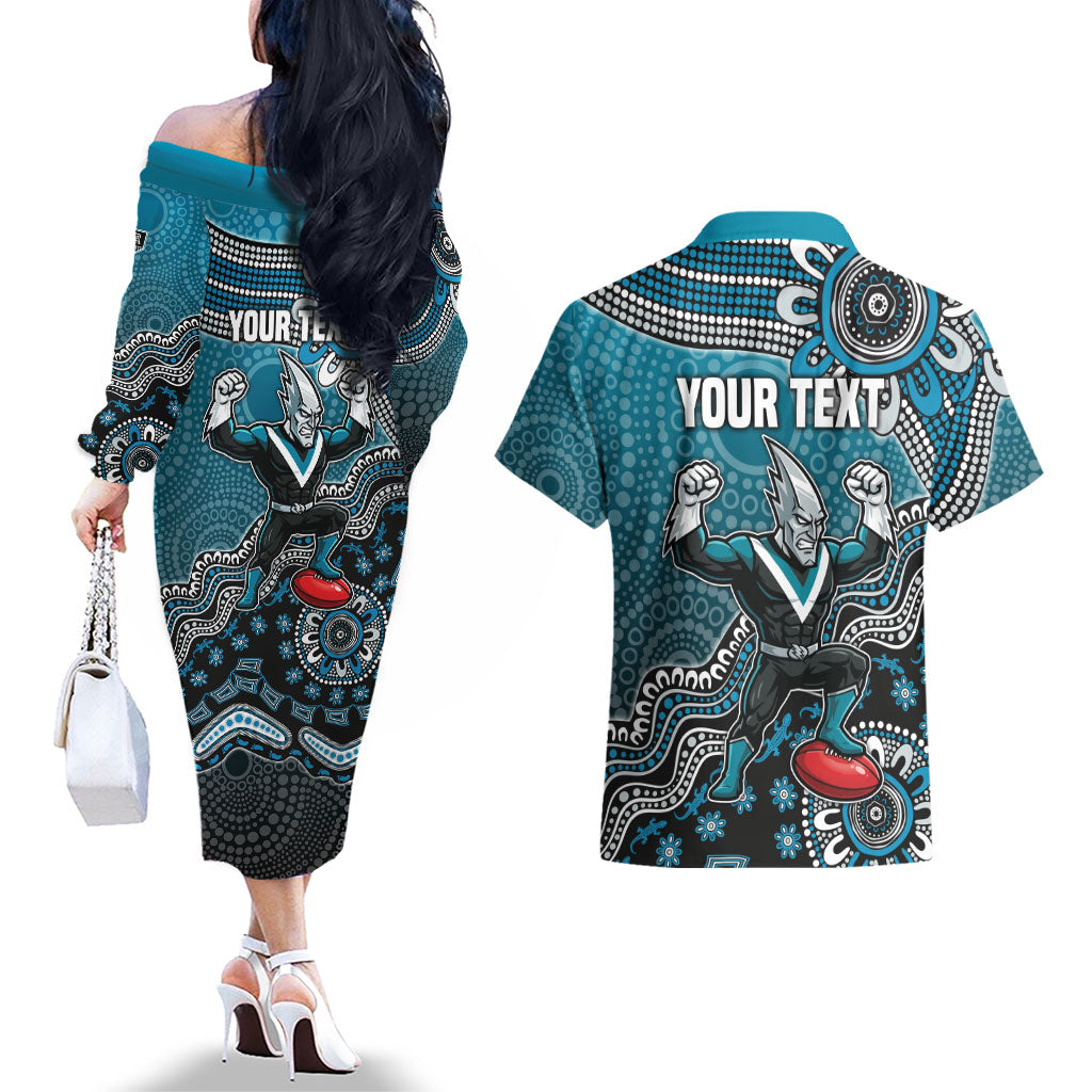 Personalized Port Adelaide Power Mascot Couples Matching Off The Shoulder Long Sleeve Dress and Hawaiian Shirt Aboriginal Dot Art Style Vibrant Indigenous Pattern Design