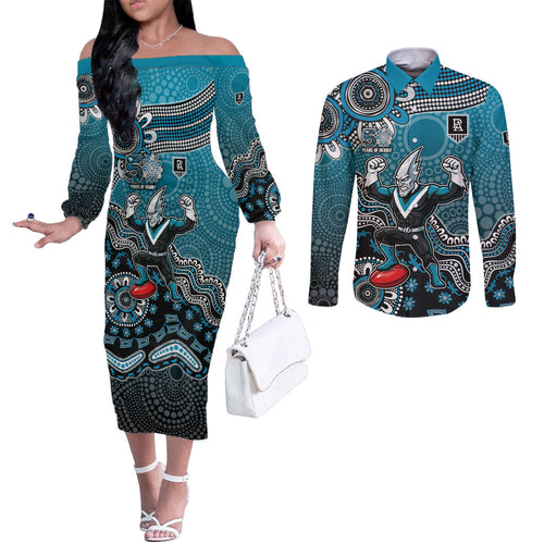 Personalized Port Adelaide Power Mascot Couples Matching Off The Shoulder Long Sleeve Dress and Long Sleeve Button Shirt Aboriginal Dot Art Style Vibrant Indigenous Pattern Design
