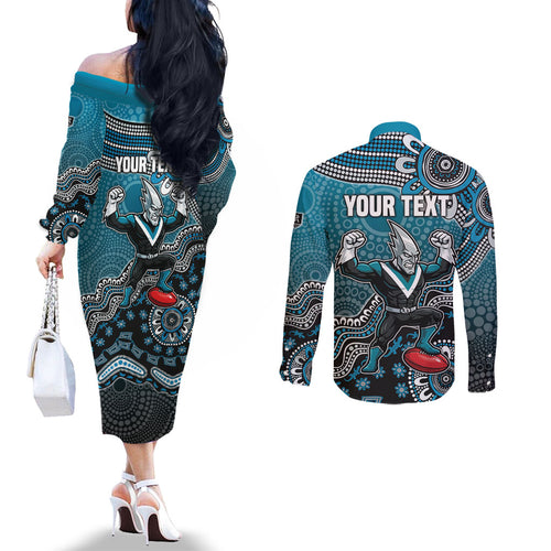 Personalized Port Adelaide Power Mascot Couples Matching Off The Shoulder Long Sleeve Dress and Long Sleeve Button Shirt Aboriginal Dot Art Style Vibrant Indigenous Pattern Design