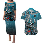 Personalized Port Adelaide Power Mascot Couples Matching Puletasi and Hawaiian Shirt Aboriginal Dot Art Style Vibrant Indigenous Pattern Design