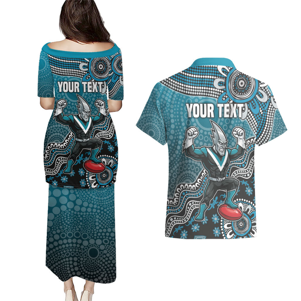 Personalized Port Adelaide Power Mascot Couples Matching Puletasi and Hawaiian Shirt Aboriginal Dot Art Style Vibrant Indigenous Pattern Design