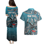 Personalized Port Adelaide Power Mascot Couples Matching Puletasi and Hawaiian Shirt Aboriginal Dot Art Style Vibrant Indigenous Pattern Design