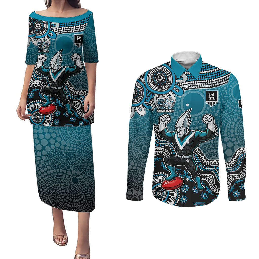 Personalized Port Adelaide Power Mascot Couples Matching Puletasi and Long Sleeve Button Shirt Aboriginal Dot Art Style Vibrant Indigenous Pattern Design