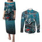 Personalized Port Adelaide Power Mascot Couples Matching Puletasi and Long Sleeve Button Shirt Aboriginal Dot Art Style Vibrant Indigenous Pattern Design