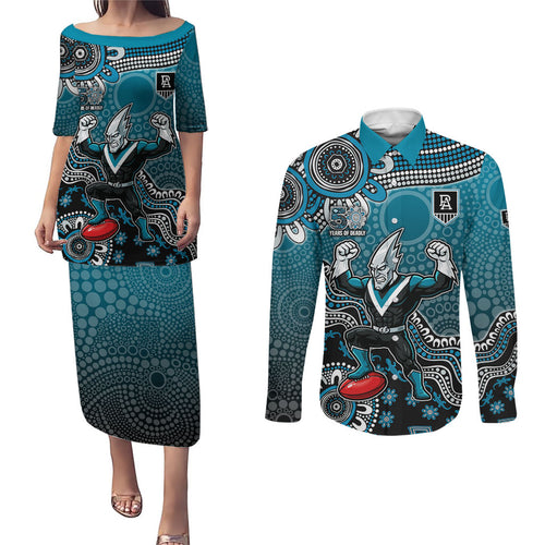 Personalized Port Adelaide Power Mascot Couples Matching Puletasi and Long Sleeve Button Shirt Aboriginal Dot Art Style Vibrant Indigenous Pattern Design
