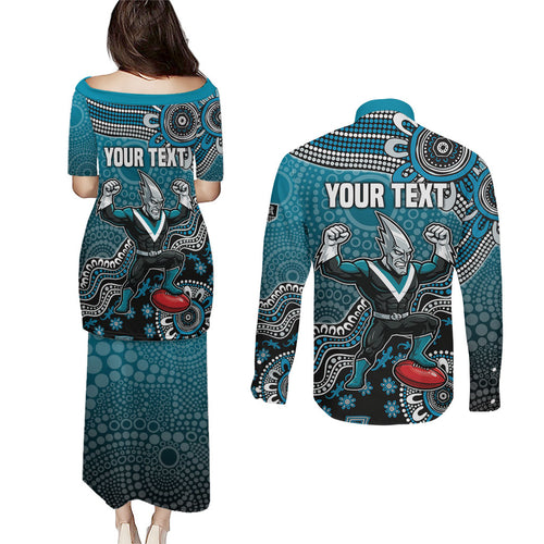 Personalized Port Adelaide Power Mascot Couples Matching Puletasi and Long Sleeve Button Shirt Aboriginal Dot Art Style Vibrant Indigenous Pattern Design