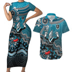 Personalized Port Adelaide Power Mascot Couples Matching Short Sleeve Bodycon Dress and Hawaiian Shirt Aboriginal Dot Art Style Vibrant Indigenous Pattern Design