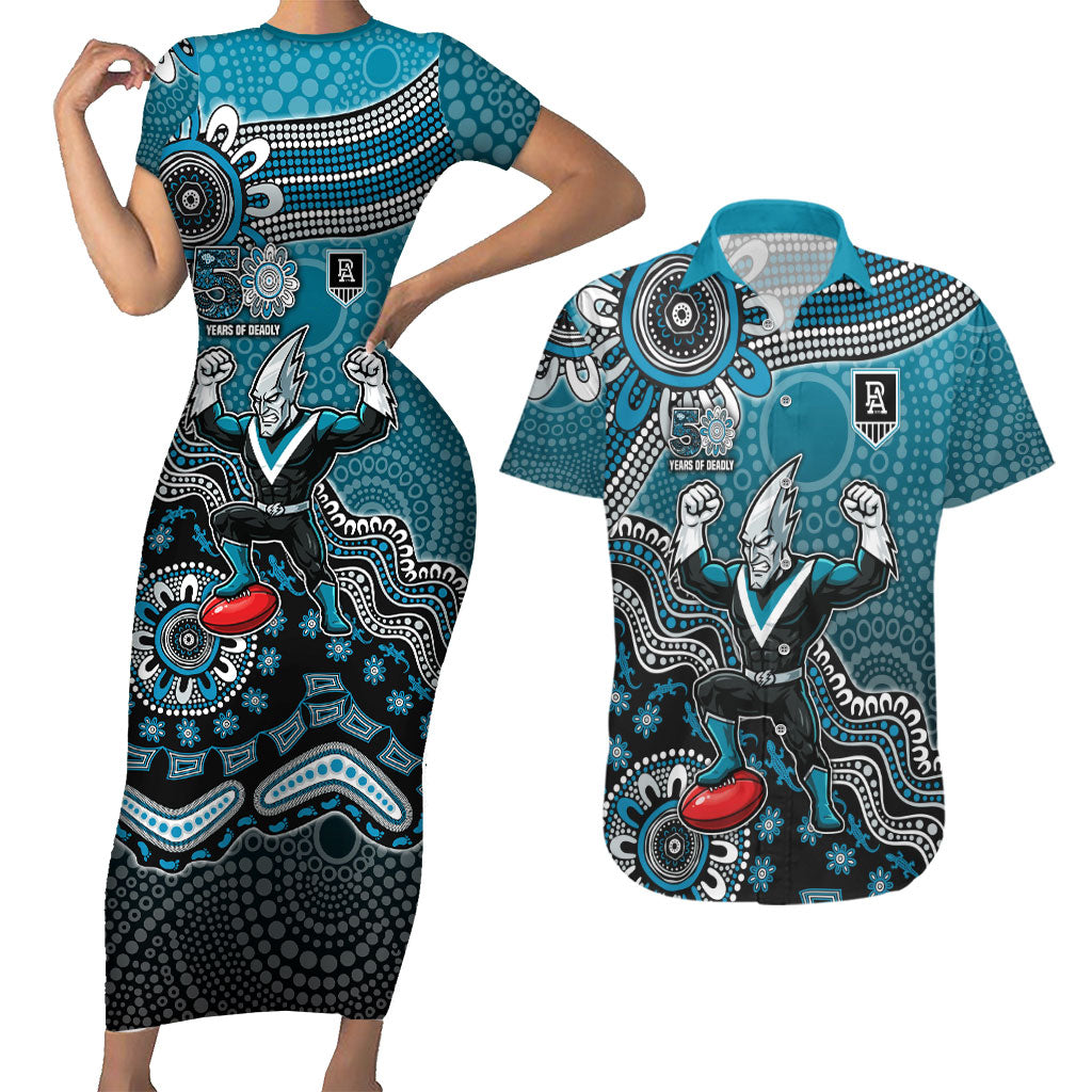 Personalized Port Adelaide Power Mascot Couples Matching Short Sleeve Bodycon Dress and Hawaiian Shirt Aboriginal Dot Art Style Vibrant Indigenous Pattern Design