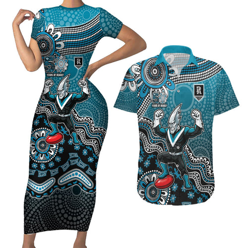 Personalized Port Adelaide Power Mascot Couples Matching Short Sleeve Bodycon Dress and Hawaiian Shirt Aboriginal Dot Art Style Vibrant Indigenous Pattern Design