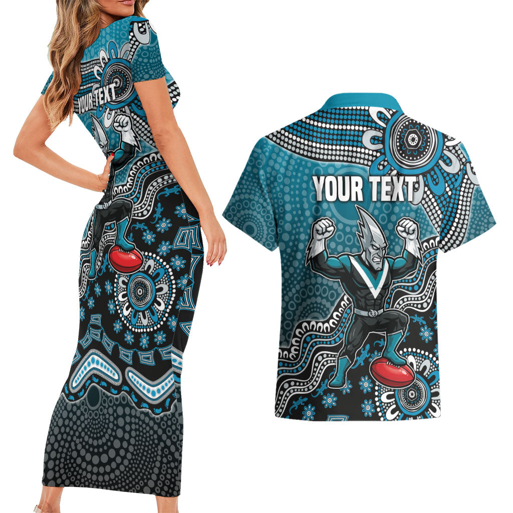 Personalized Port Adelaide Power Mascot Couples Matching Short Sleeve Bodycon Dress and Hawaiian Shirt Aboriginal Dot Art Style Vibrant Indigenous Pattern Design