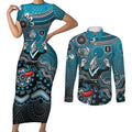 Personalized Port Adelaide Power Mascot Couples Matching Short Sleeve Bodycon Dress and Long Sleeve Button Shirt Aboriginal Dot Art Style Vibrant Indigenous Pattern Design