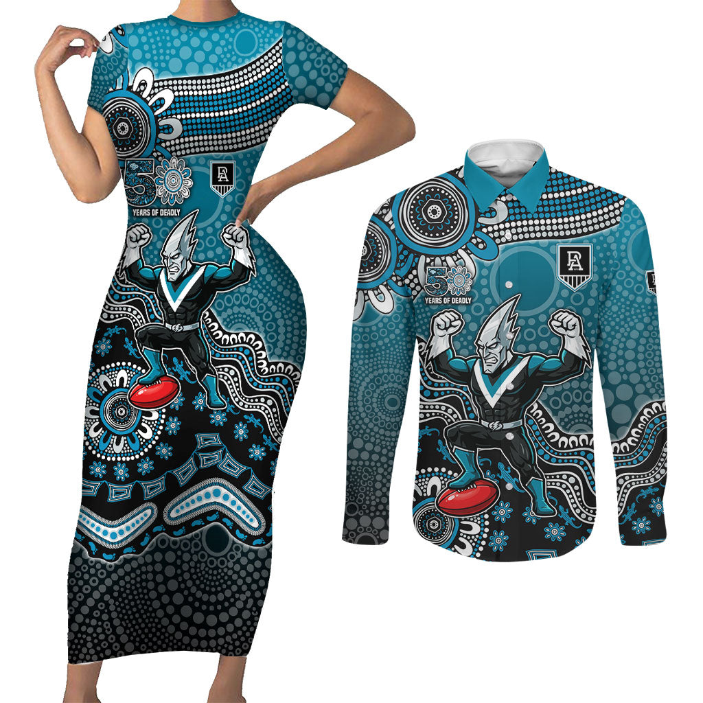 Personalized Port Adelaide Power Mascot Couples Matching Short Sleeve Bodycon Dress and Long Sleeve Button Shirt Aboriginal Dot Art Style Vibrant Indigenous Pattern Design