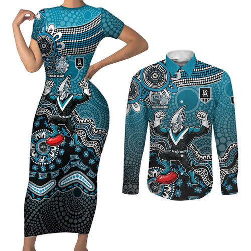 Personalized Port Adelaide Power Mascot Couples Matching Short Sleeve Bodycon Dress and Long Sleeve Button Shirt Aboriginal Dot Art Style Vibrant Indigenous Pattern Design