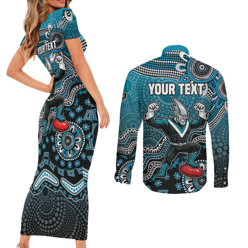 Personalized Port Adelaide Power Mascot Couples Matching Short Sleeve Bodycon Dress and Long Sleeve Button Shirt Aboriginal Dot Art Style Vibrant Indigenous Pattern Design