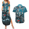 Personalized Port Adelaide Power Mascot Couples Matching Summer Maxi Dress and Hawaiian Shirt Aboriginal Dot Art Style Vibrant Indigenous Pattern Design