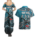 Personalized Port Adelaide Power Mascot Couples Matching Summer Maxi Dress and Hawaiian Shirt Aboriginal Dot Art Style Vibrant Indigenous Pattern Design