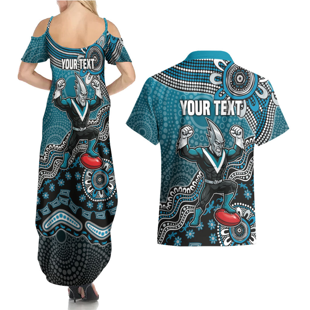 Personalized Port Adelaide Power Mascot Couples Matching Summer Maxi Dress and Hawaiian Shirt Aboriginal Dot Art Style Vibrant Indigenous Pattern Design