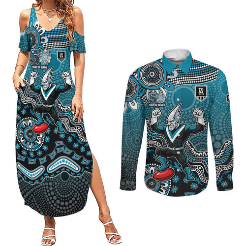 Personalized Port Adelaide Power Mascot Couples Matching Summer Maxi Dress and Long Sleeve Button Shirt Aboriginal Dot Art Style Vibrant Indigenous Pattern Design