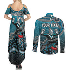 Personalized Port Adelaide Power Mascot Couples Matching Summer Maxi Dress and Long Sleeve Button Shirt Aboriginal Dot Art Style Vibrant Indigenous Pattern Design