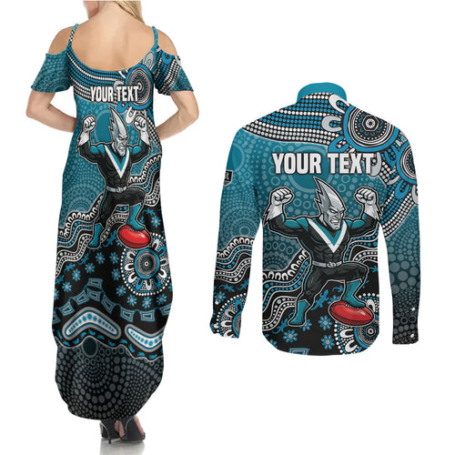 Personalized Port Adelaide Power Mascot Couples Matching Summer Maxi Dress and Long Sleeve Button Shirt Aboriginal Dot Art Style Vibrant Indigenous Pattern Design
