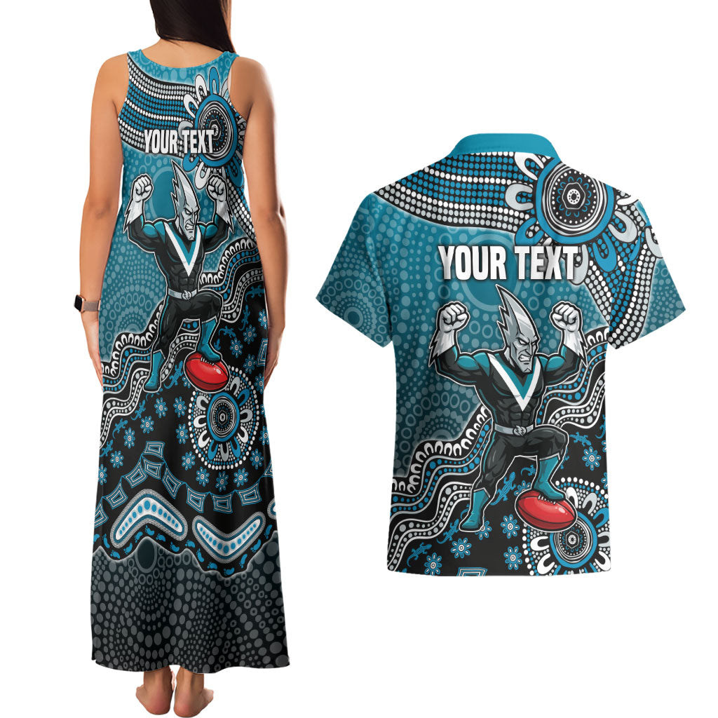 Personalized Port Adelaide Power Mascot Couples Matching Tank Maxi Dress and Hawaiian Shirt Aboriginal Dot Art Style Vibrant Indigenous Pattern Design