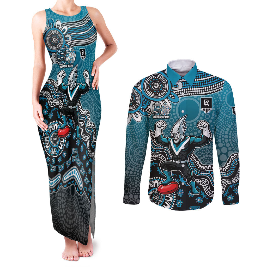 Personalized Port Adelaide Power Mascot Couples Matching Tank Maxi Dress and Long Sleeve Button Shirt Aboriginal Dot Art Style Vibrant Indigenous Pattern Design