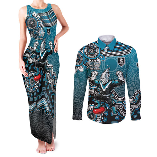 Personalized Port Adelaide Power Mascot Couples Matching Tank Maxi Dress and Long Sleeve Button Shirt Aboriginal Dot Art Style Vibrant Indigenous Pattern Design