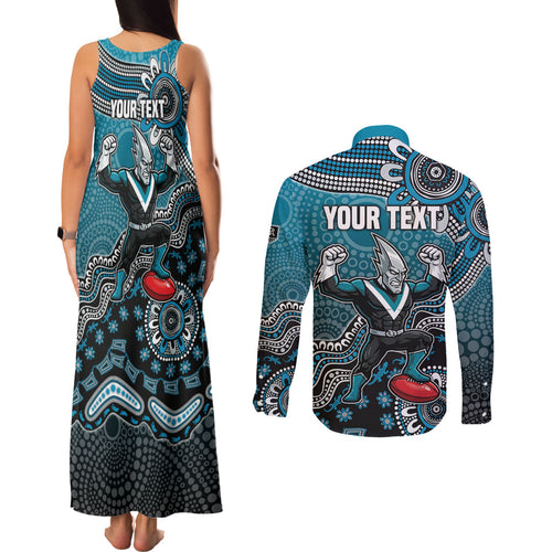 Personalized Port Adelaide Power Mascot Couples Matching Tank Maxi Dress and Long Sleeve Button Shirt Aboriginal Dot Art Style Vibrant Indigenous Pattern Design
