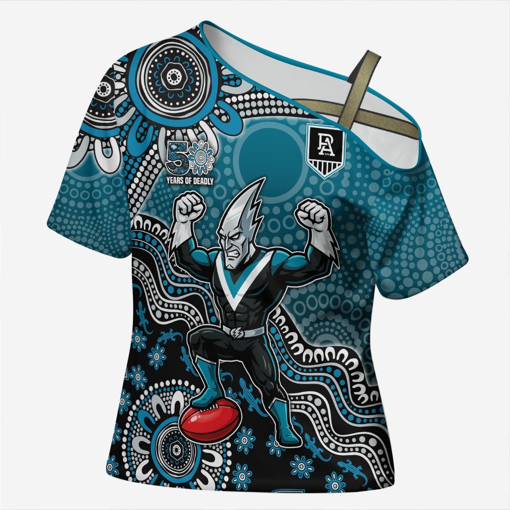 Personalized Port Adelaide Power Mascot Cross Shoulder Shirt Aboriginal Dot Art Style Vibrant Indigenous Pattern Design