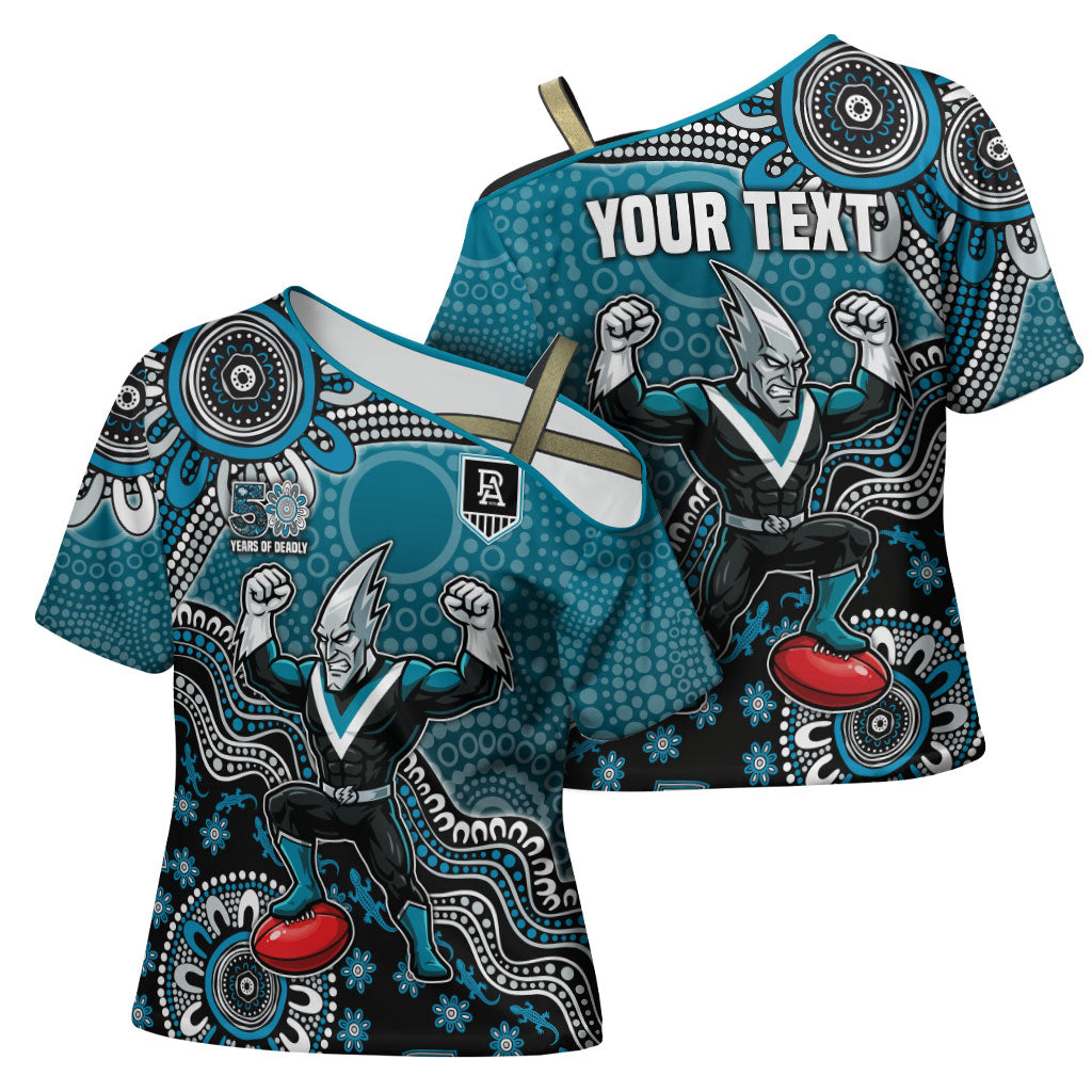 Personalized Port Adelaide Power Mascot Cross Shoulder Shirt Aboriginal Dot Art Style Vibrant Indigenous Pattern Design