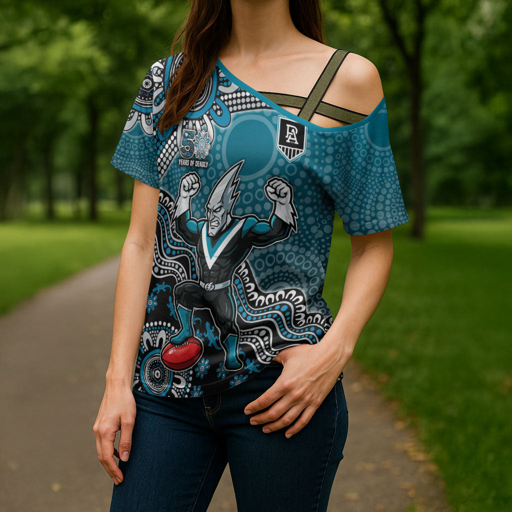 Personalized Port Adelaide Power Mascot Cross Shoulder Shirt Aboriginal Dot Art Style Vibrant Indigenous Pattern Design