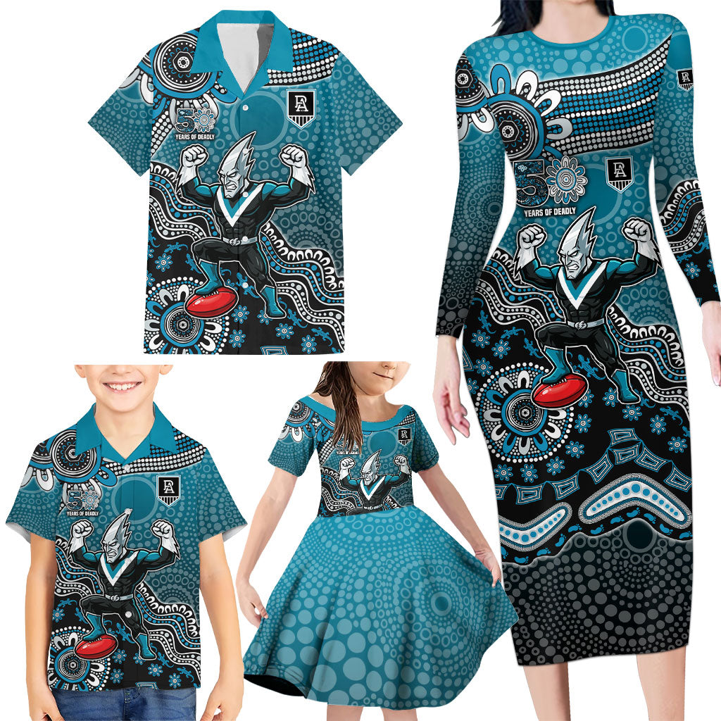 Personalized Port Adelaide Power Mascot Family Matching Long Sleeve Bodycon Dress and Hawaiian Shirt Aboriginal Dot Art Style Vibrant Indigenous Pattern Design