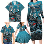 Personalized Port Adelaide Power Mascot Family Matching Long Sleeve Bodycon Dress and Hawaiian Shirt Aboriginal Dot Art Style Vibrant Indigenous Pattern Design