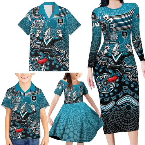 Personalized Port Adelaide Power Mascot Family Matching Long Sleeve Bodycon Dress and Hawaiian Shirt Aboriginal Dot Art Style Vibrant Indigenous Pattern Design