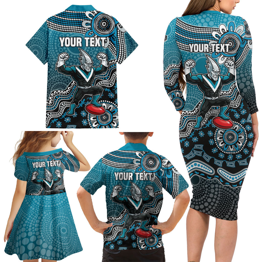 Personalized Port Adelaide Power Mascot Family Matching Long Sleeve Bodycon Dress and Hawaiian Shirt Aboriginal Dot Art Style Vibrant Indigenous Pattern Design
