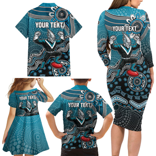 Personalized Port Adelaide Power Mascot Family Matching Long Sleeve Bodycon Dress and Hawaiian Shirt Aboriginal Dot Art Style Vibrant Indigenous Pattern Design