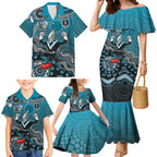 Personalized Port Adelaide Power Mascot Family Matching Mermaid Dress and Hawaiian Shirt Aboriginal Dot Art Style Vibrant Indigenous Pattern Design