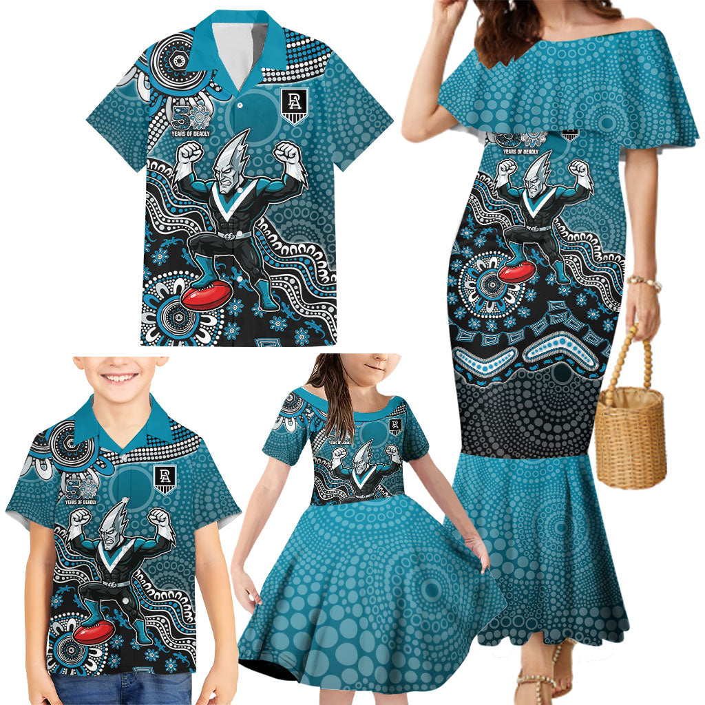 Personalized Port Adelaide Power Mascot Family Matching Mermaid Dress and Hawaiian Shirt Aboriginal Dot Art Style Vibrant Indigenous Pattern Design