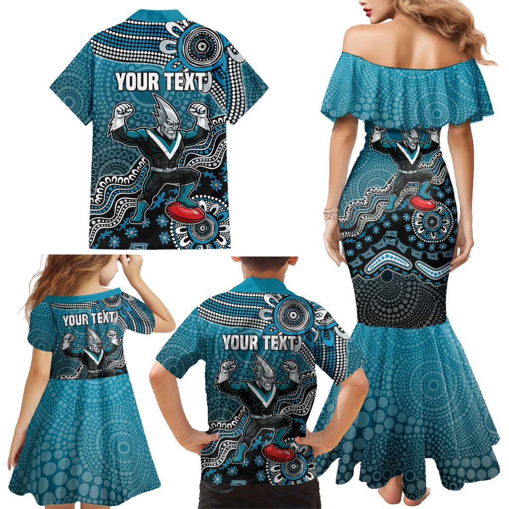 Personalized Port Adelaide Power Mascot Family Matching Mermaid Dress and Hawaiian Shirt Aboriginal Dot Art Style Vibrant Indigenous Pattern Design