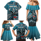 Personalized Port Adelaide Power Mascot Family Matching Mermaid Dress and Hawaiian Shirt Aboriginal Dot Art Style Vibrant Indigenous Pattern Design